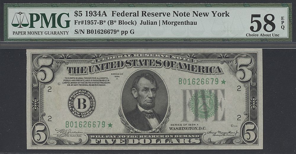 Fr.1957-B*, 1934A $5 New York Federal Reserve Star Note, vCh.AU PMG58-EPQ